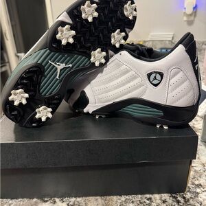 Jordan 14 g White and Black Golf Cleats with Teal Accents